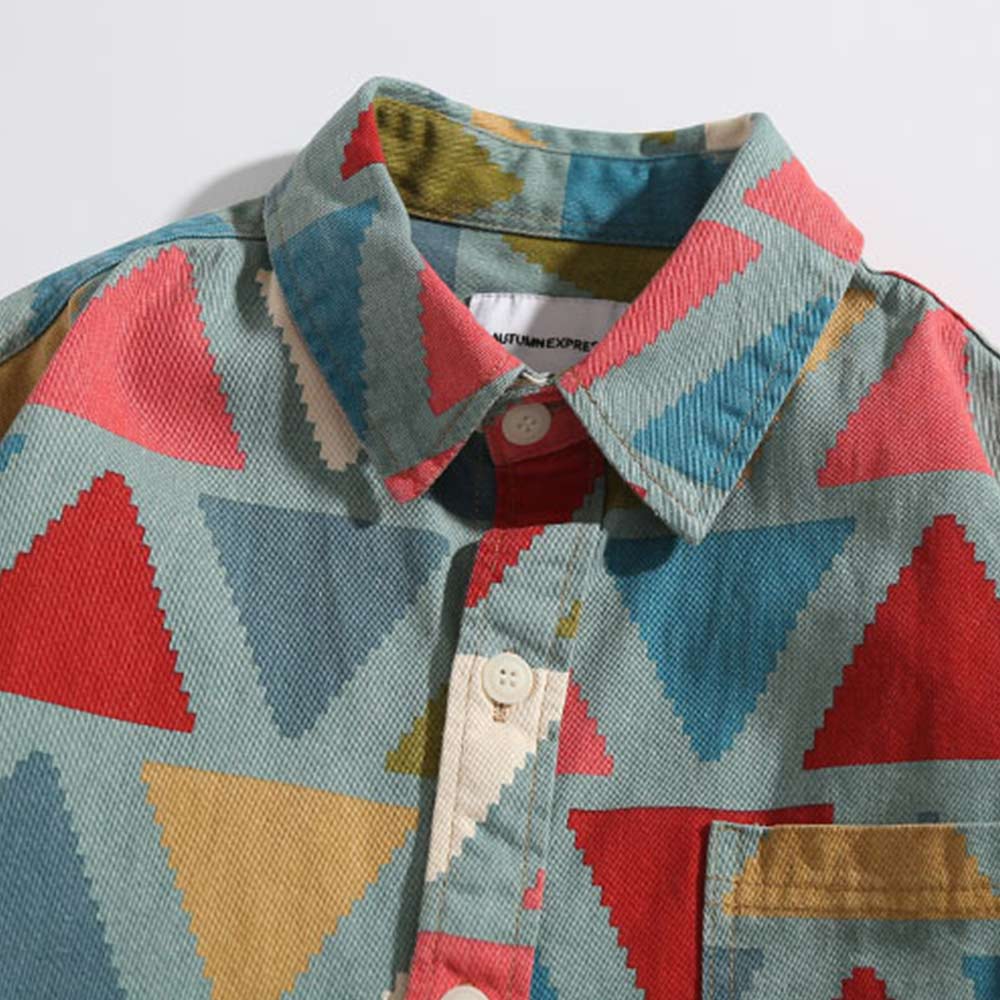 レトロカジュアル 　マルチカラートライアングル総柄シャツメンズ