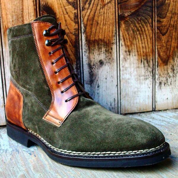Men's high-top classic brown-green suede boots