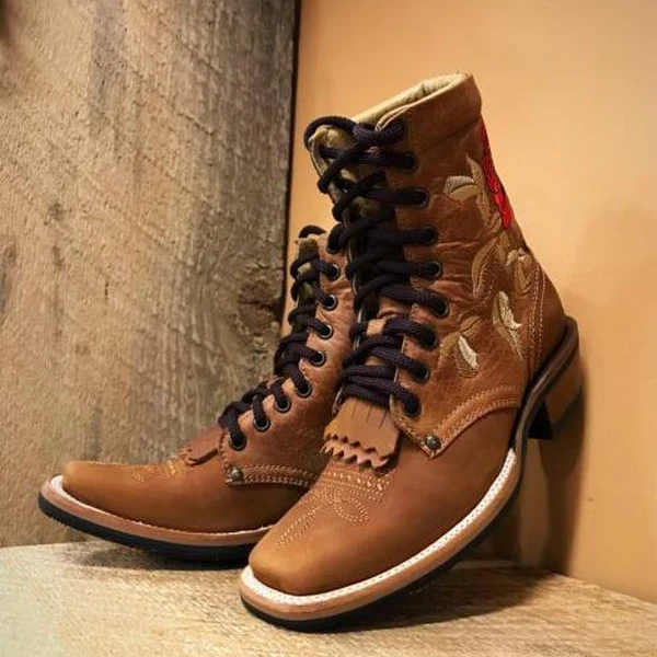 Winter men's brown embroidered tassel boots