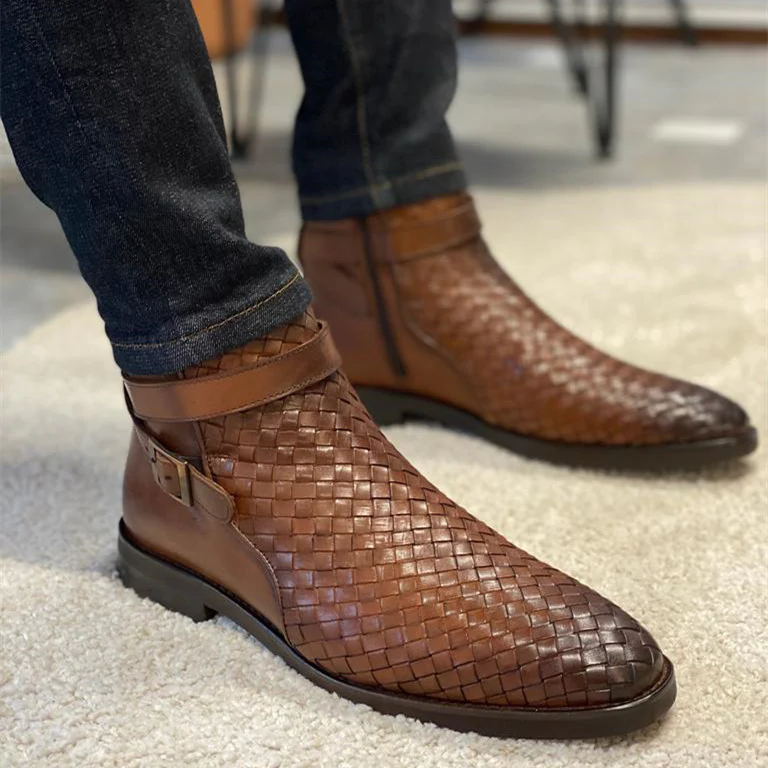 CAMEL LEATHER STRAW GENTLEMEN CHELSEA BOOTS