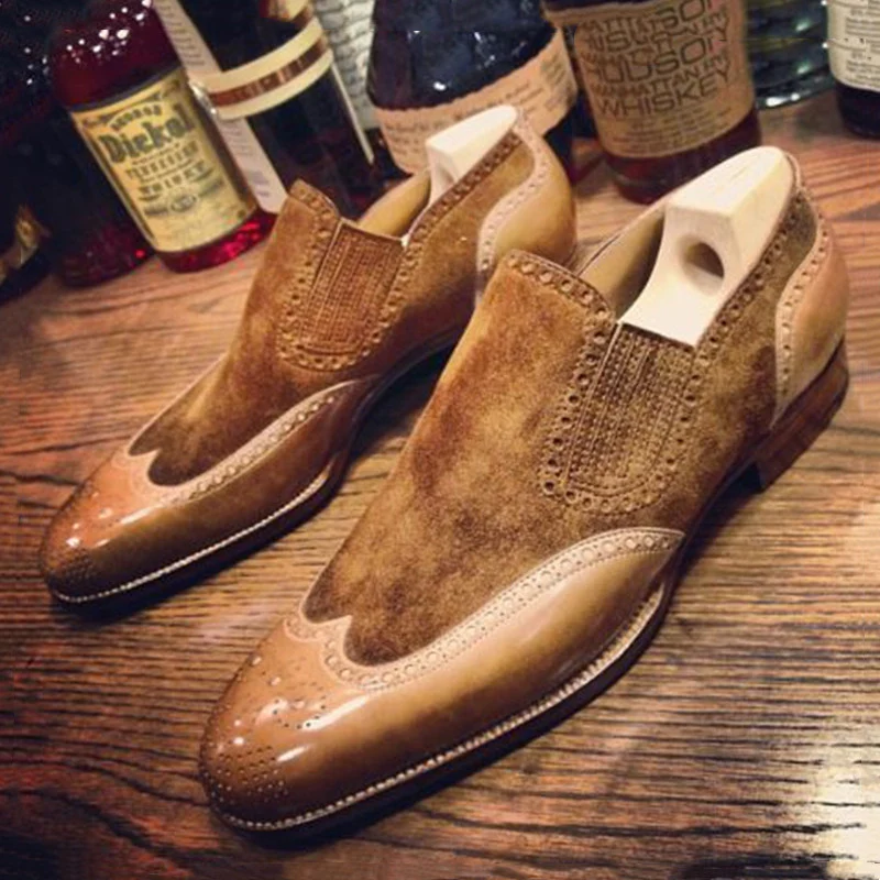 New men's handmade brown wingtip stitching brogue loafer slip-on shoes