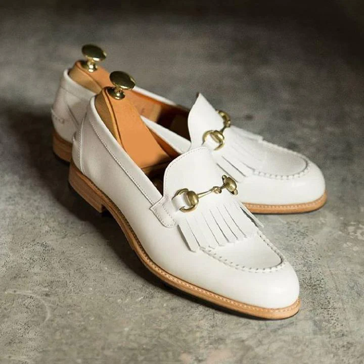 White classic casual double ring men's tassel loafers