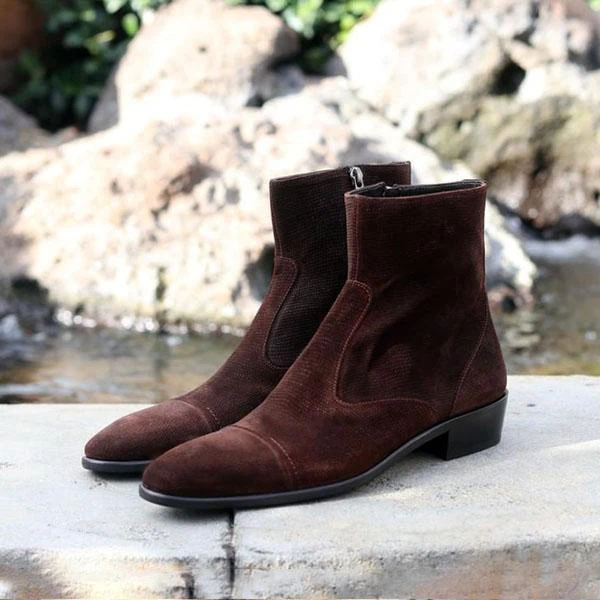 Brown and black men's suede zipper classic leather boots