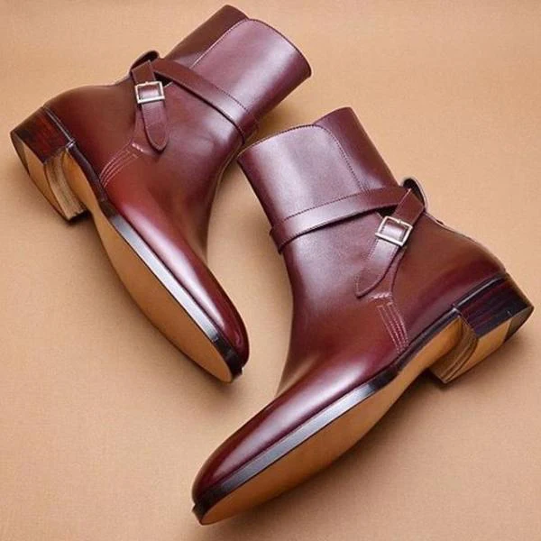 Red senior men's single buckle leather shoes