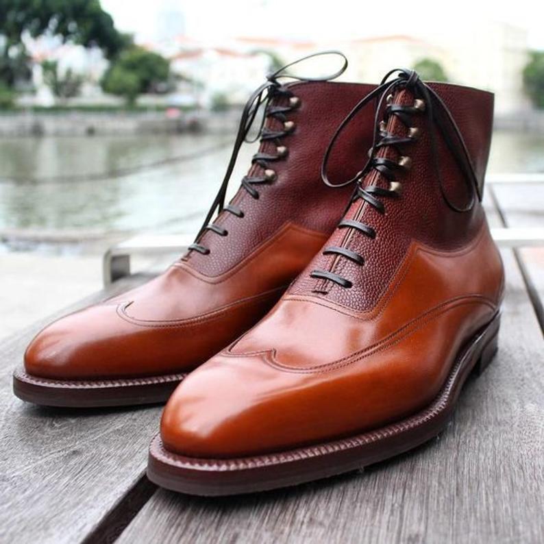 Italian brown red men's classic leather boots