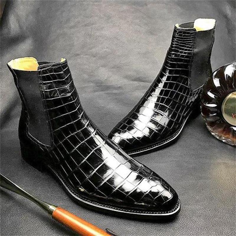 2024 New Men Shoes Handmade Black PU Texture Boots
