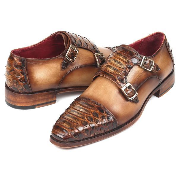 Genuine Python & Calfskin Monkstraps Light Brown