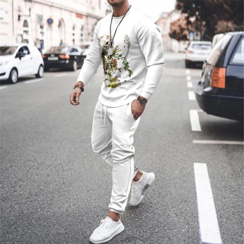 White Skull Flower Sports Casual Short Sleeve Two-piece Suit