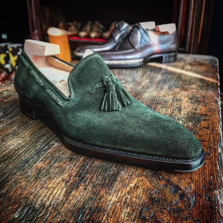 Green suede tassel moccasin shoes