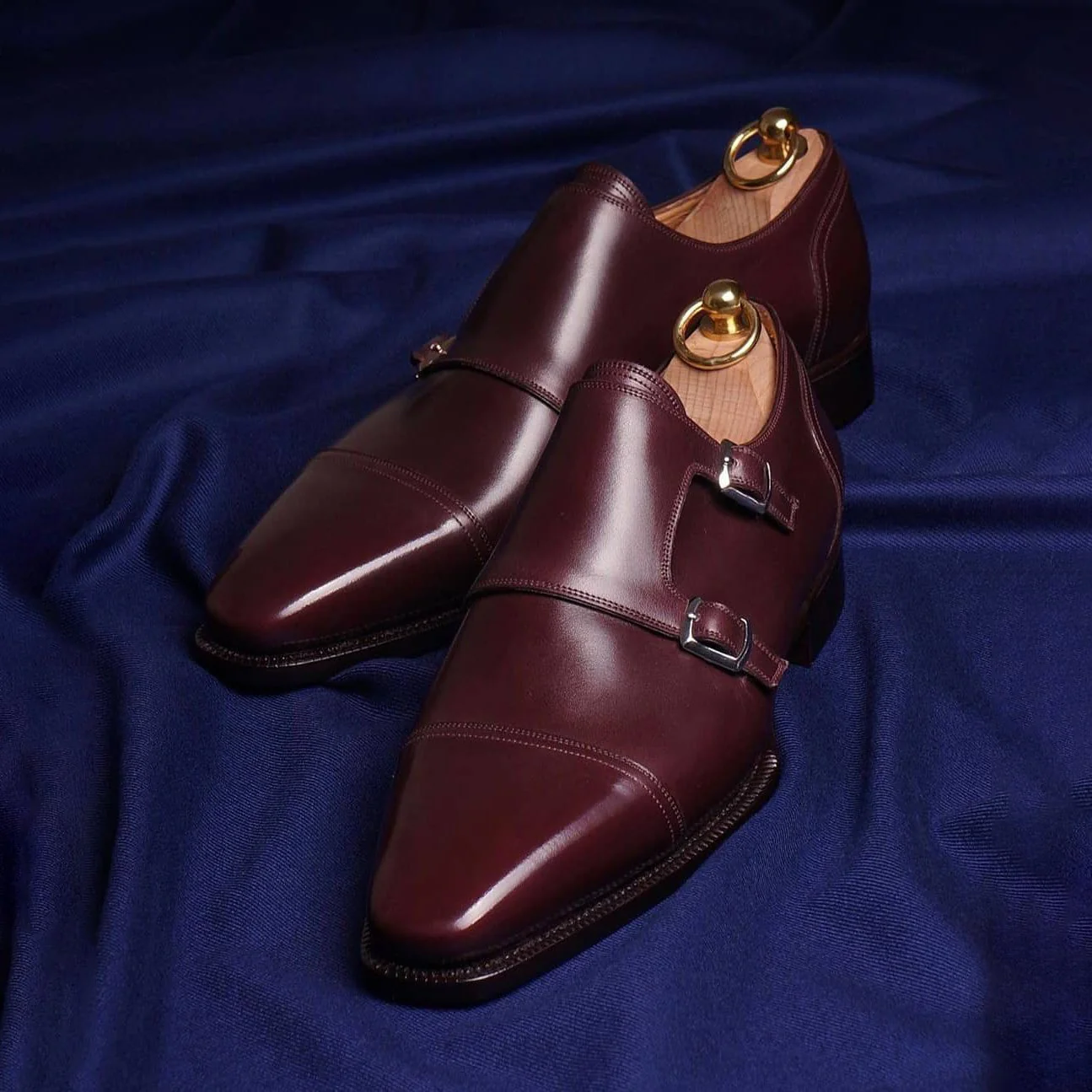 Dark red classic double buckle handmade men's monk shoes