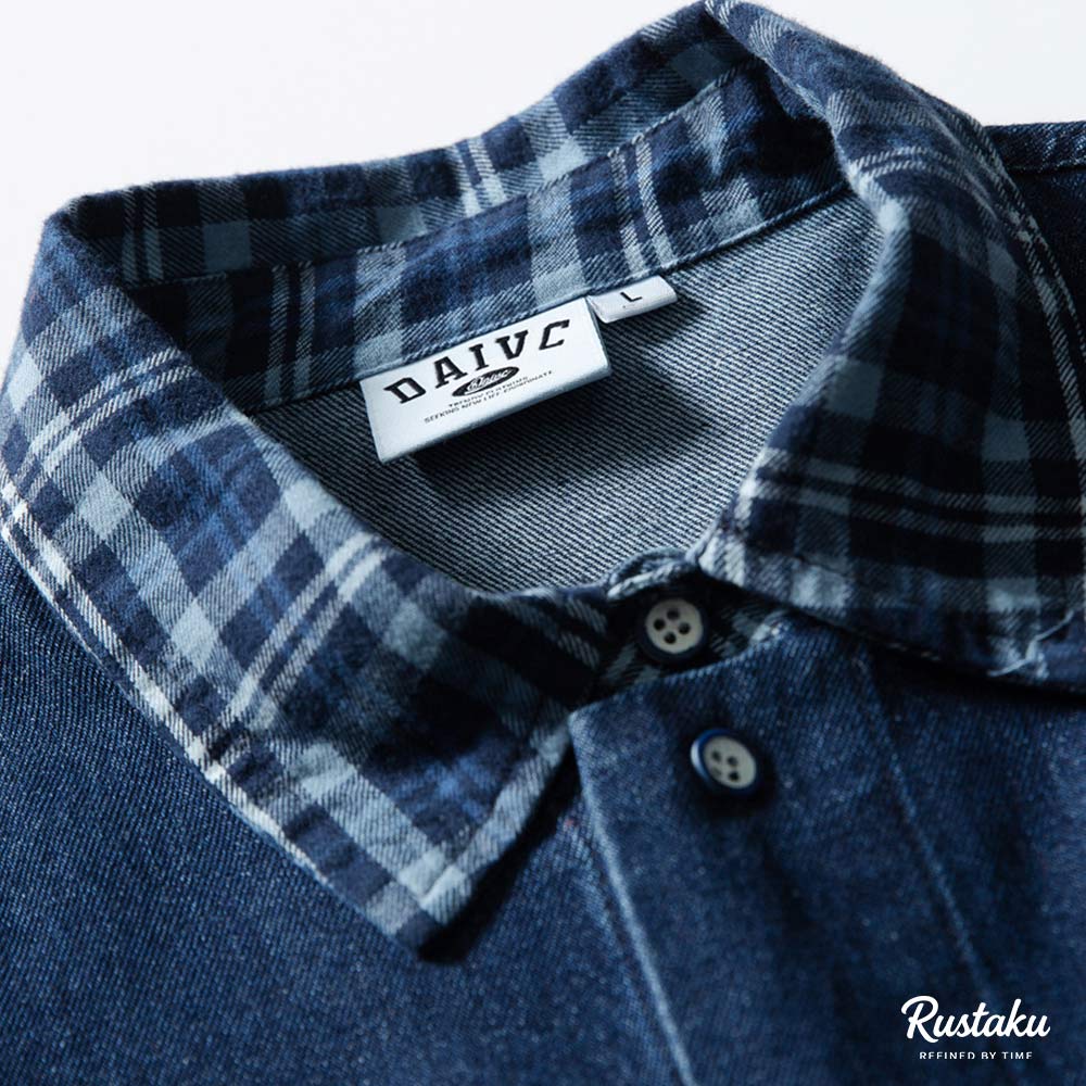 チェック切り替え折り襟デニムシャツ