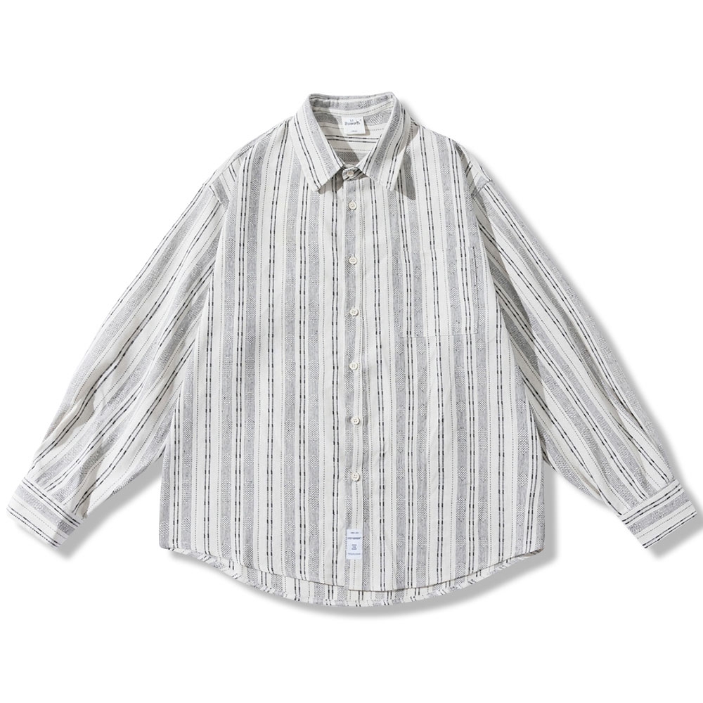 先染め配色ストライプ柄　和風コットンリネン長袖シャツ