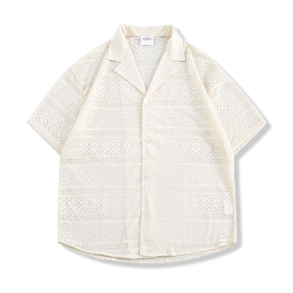 アメカジ　メンズ透かし彫りオープンカラーシャツ 半袖 