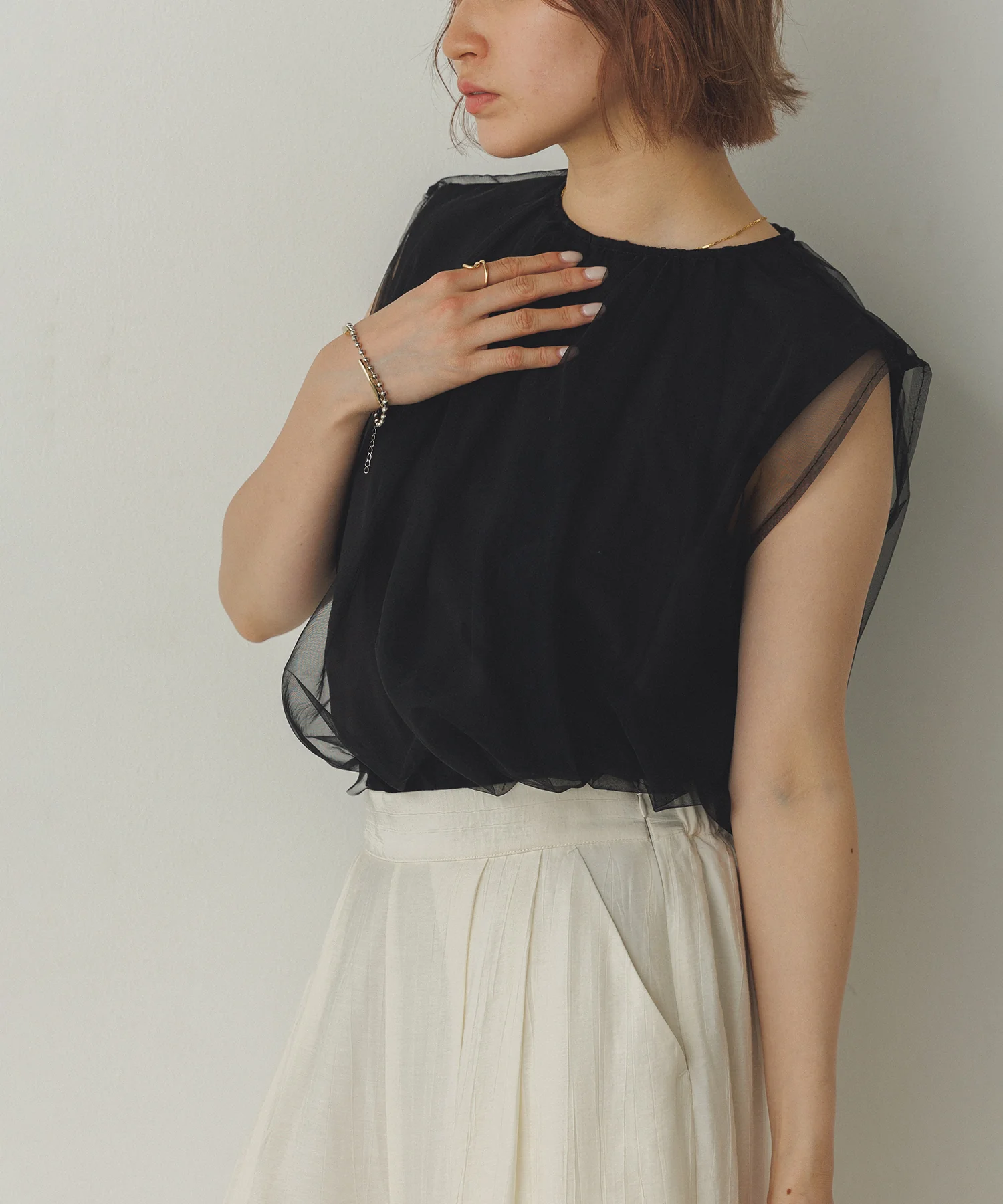 【接触冷感】チュールレイヤードトップス