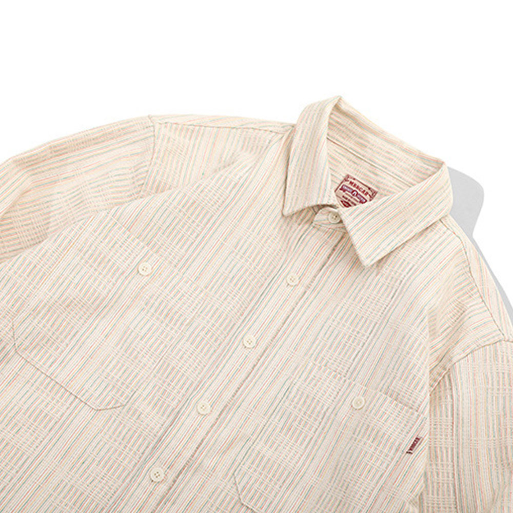 テクスチャーのある先染め　生成りコットン長袖シャツ