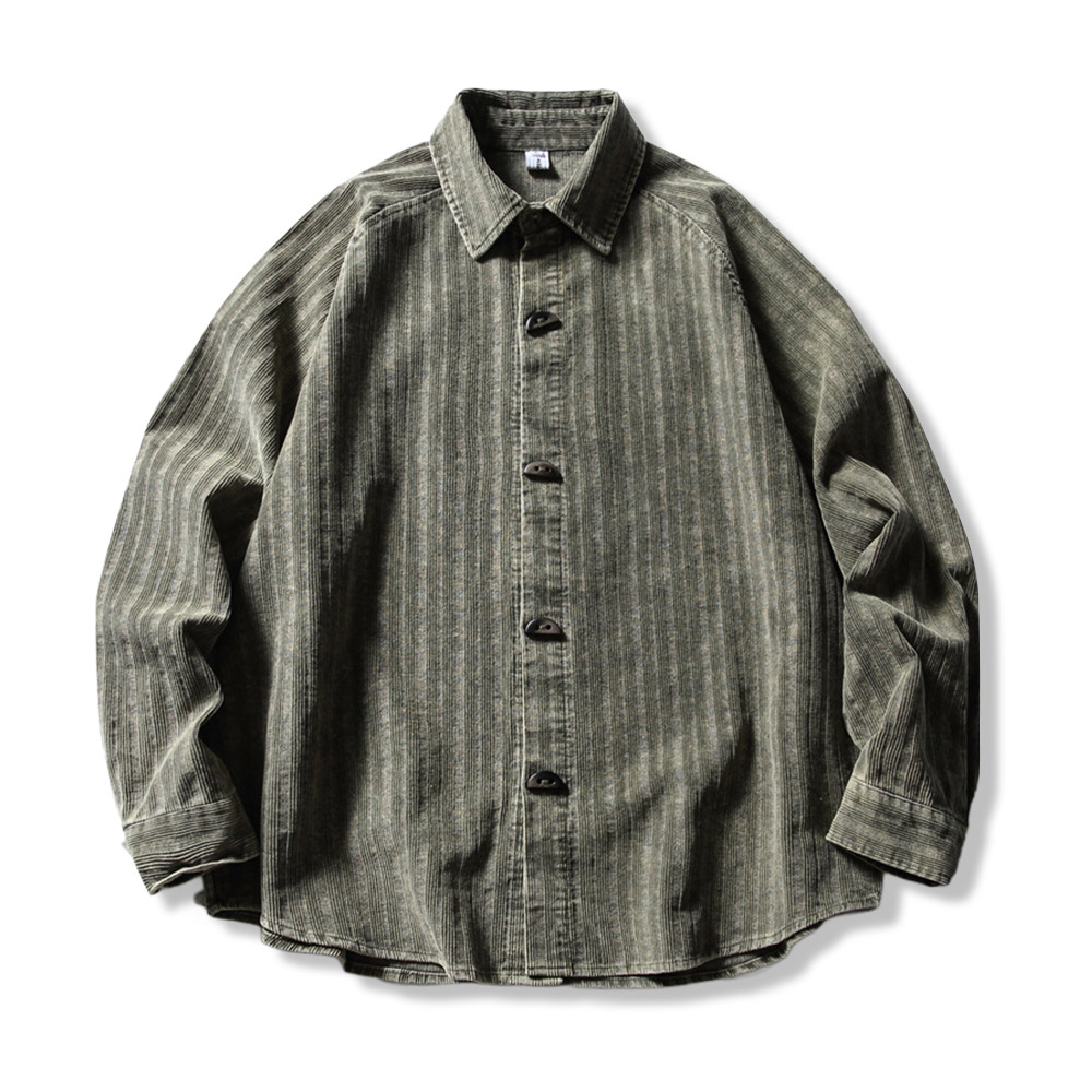 ダッフルコート風　トグルボタン付きコーデュロイストライプシャツ長袖