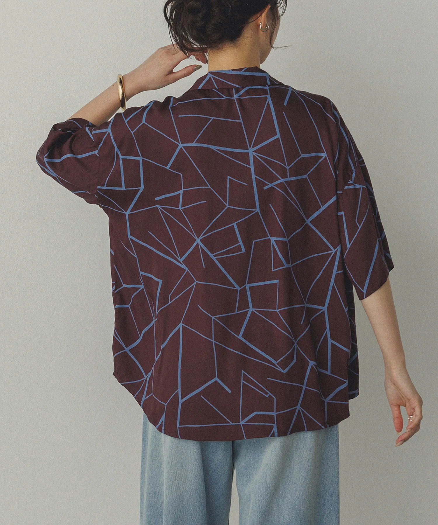 ビスコースサテン プリント開襟シャツ