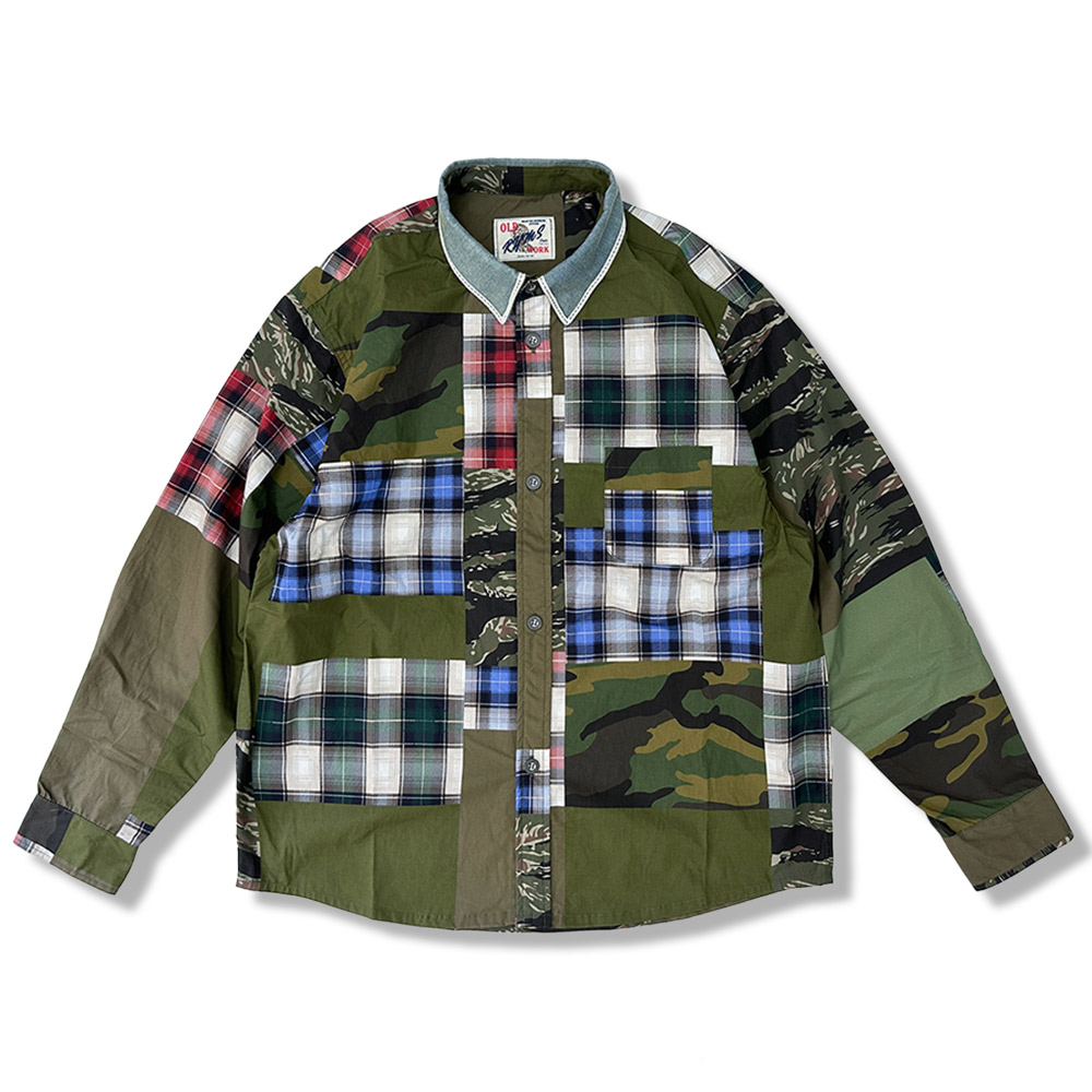 カモフラ＆チェック柄プリント長袖ワークシャツ