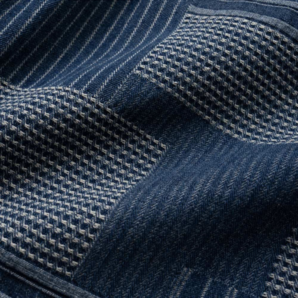 藍染めパッチワーク長袖デニムシャツ