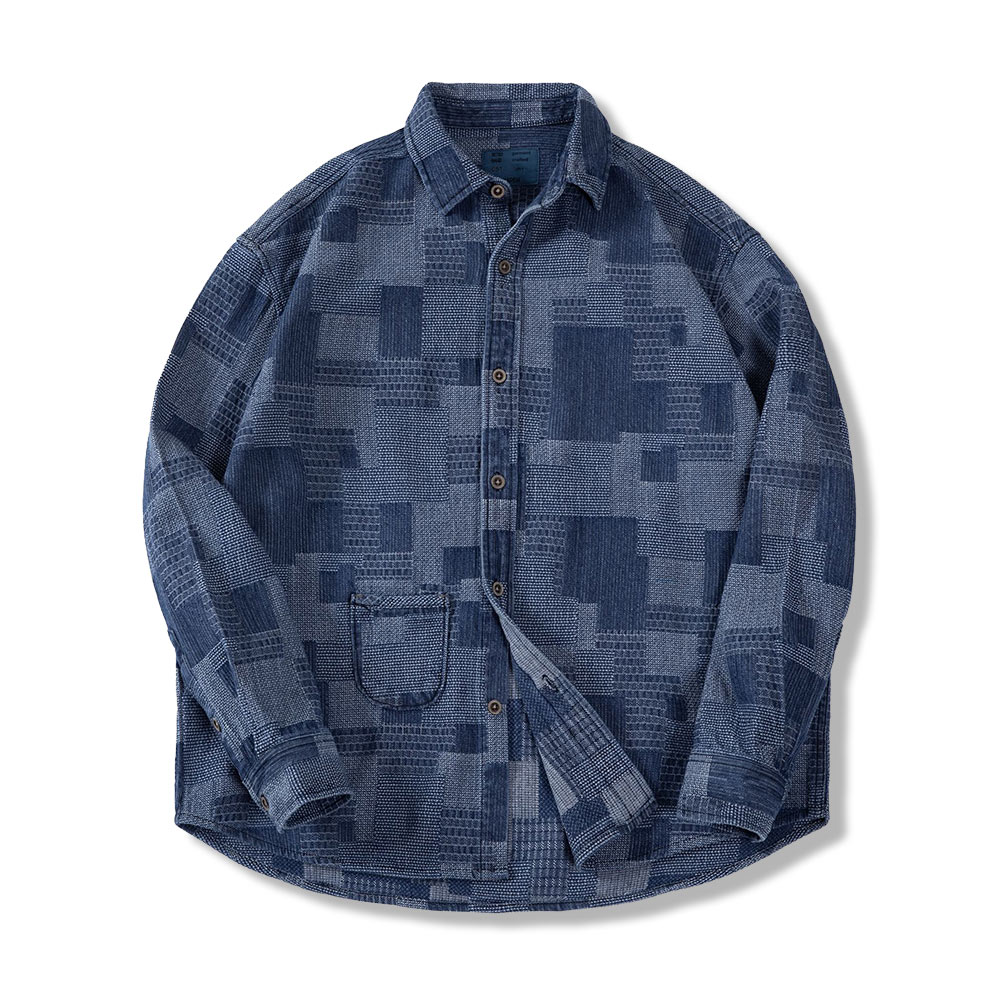 襤褸風刺し子先染めデニムシャツ