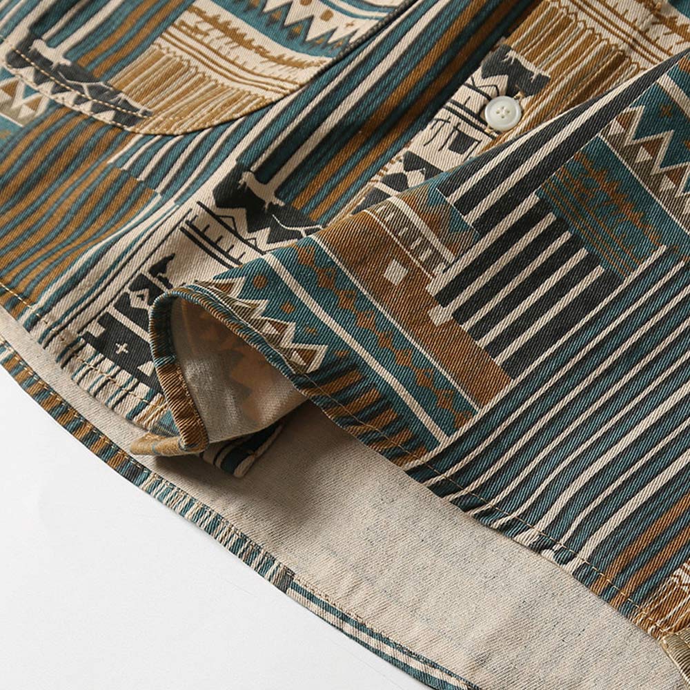 襤褸風エスニック柄パッチワークプリント　長袖シャツ