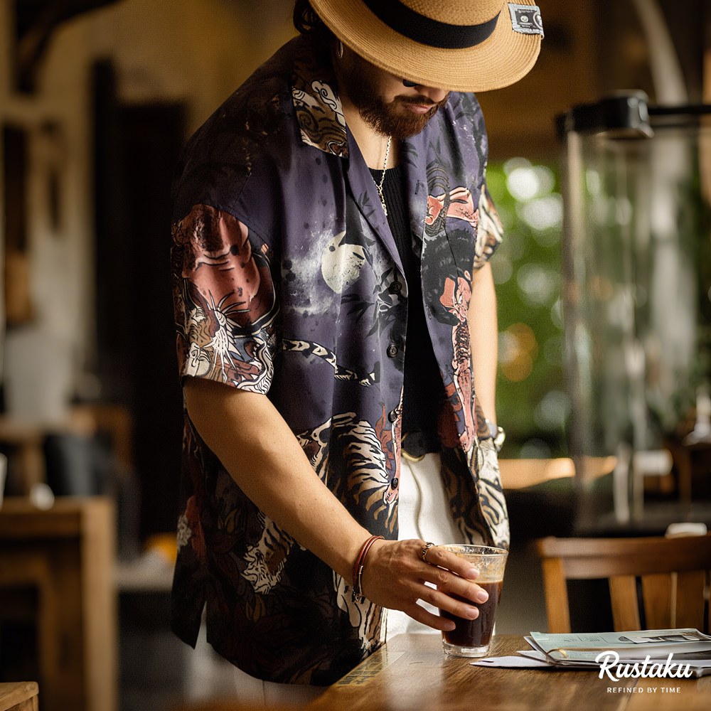 「水滸伝・武松の虎退治」浮世絵タッチ クールタッチキューバカラーシャツ半袖