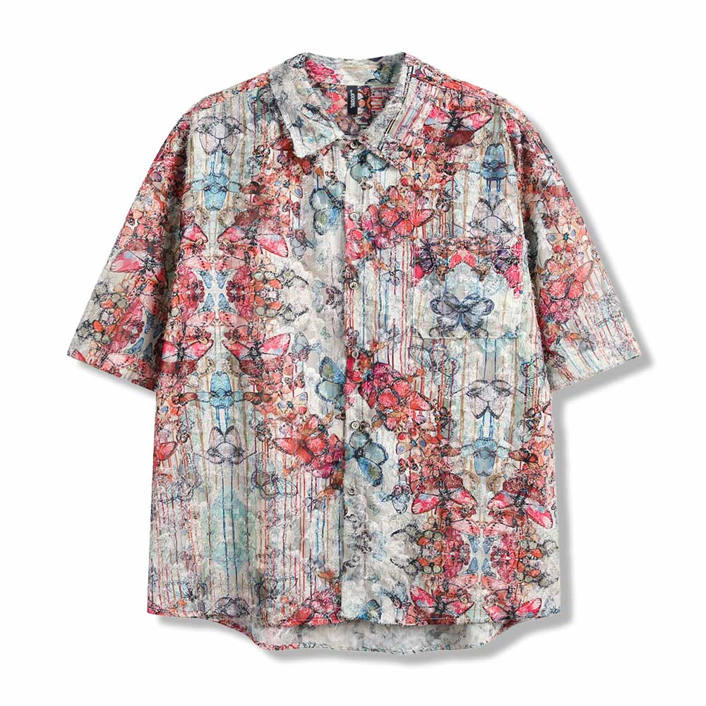 アメカジ蝶柄フリンジジャカードシャツ 半袖 