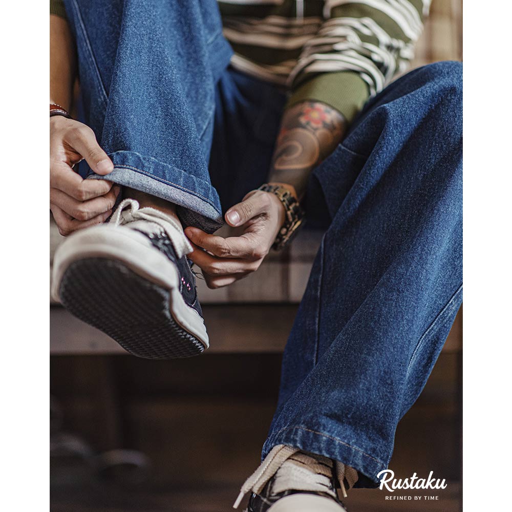 改良版ワーク風　タック入りゴムウエストテーパードデニム