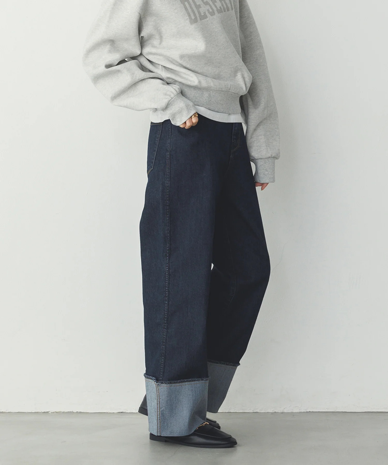 ロールアップ ワイドストレートデニムパンツ