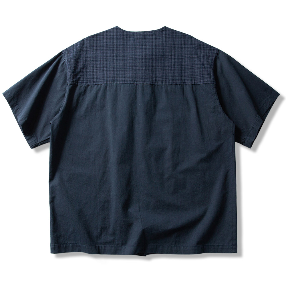 チェック柄切り替え　和風ノーカラーシャツ半袖