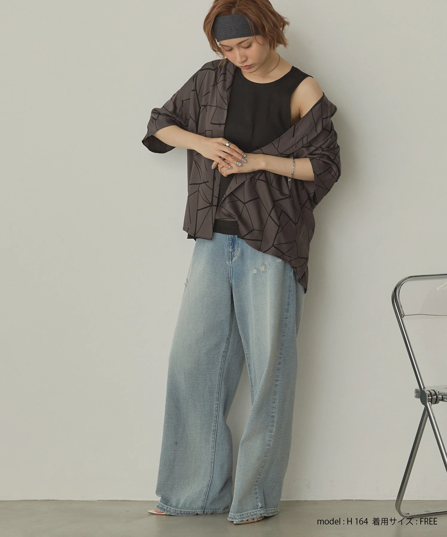 ビスコースサテン プリント開襟シャツ