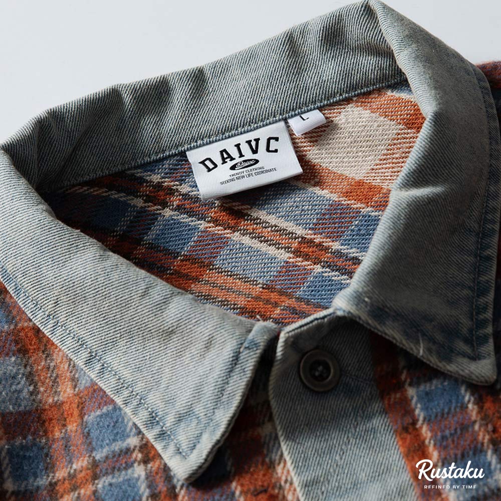 配色チェック切り替えデニム　長袖シャツジャケット