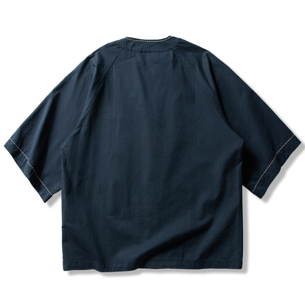 和風刺し子　ノーカラーラグランスリーブシャツ