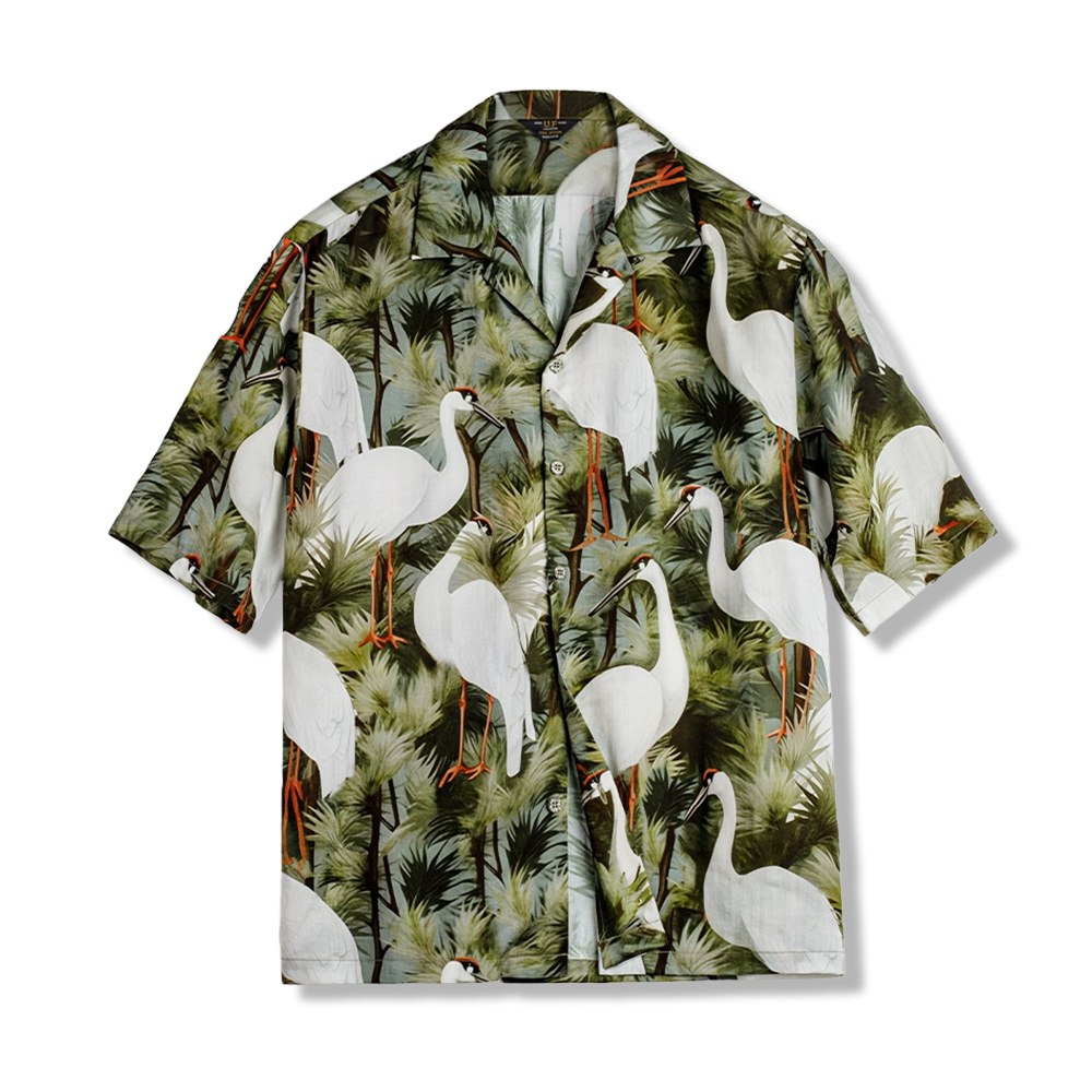 「松と鶴」プリント　シワ防止接触冷感開襟シャツ