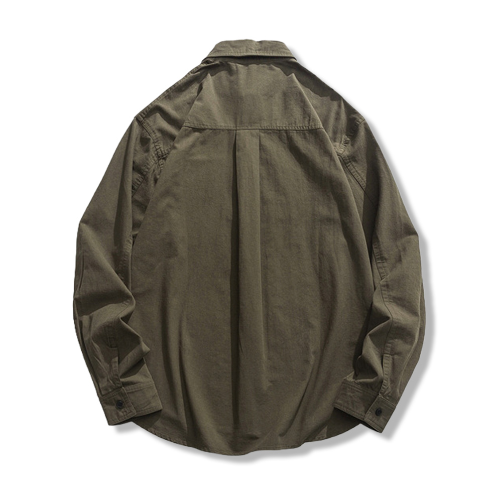 無地　 ミニマル刺繍入りワーク長袖シャツメンズ