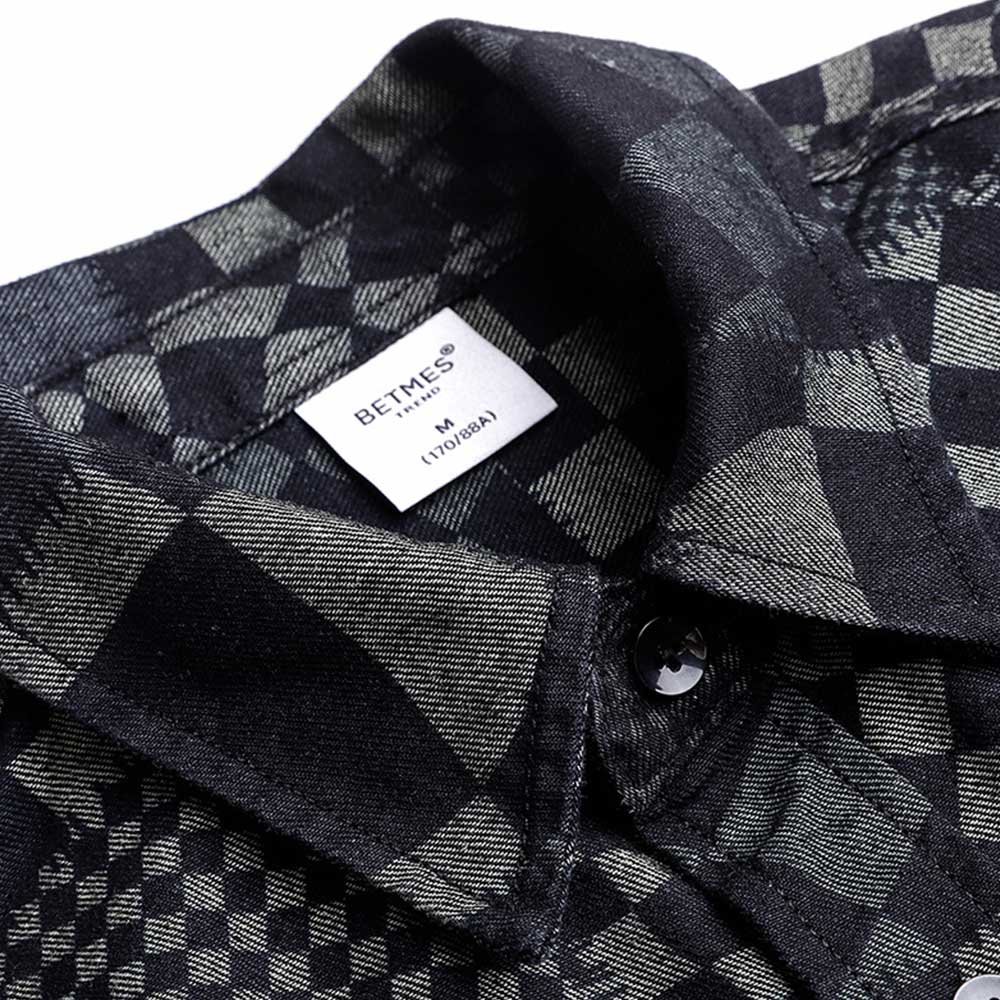 市松模様和風パッチワークデニムシャツ