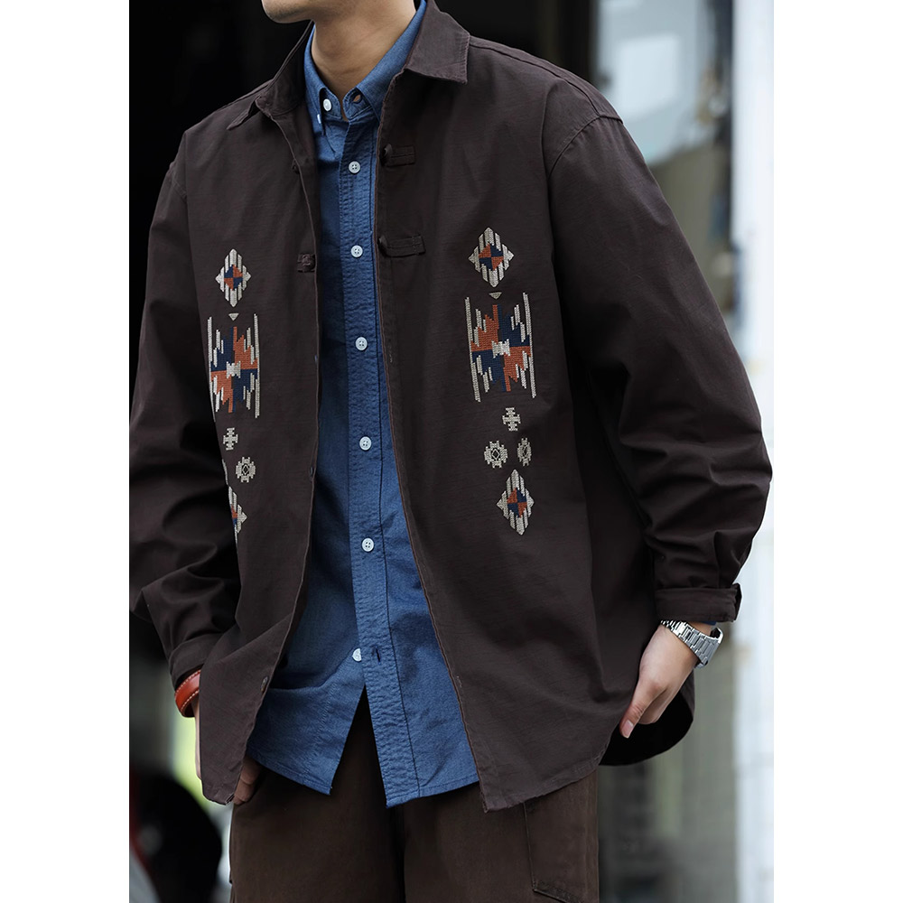 エスニック調ハンドメイドボタン　ペイズリークロスステッチ刺繍シャツ