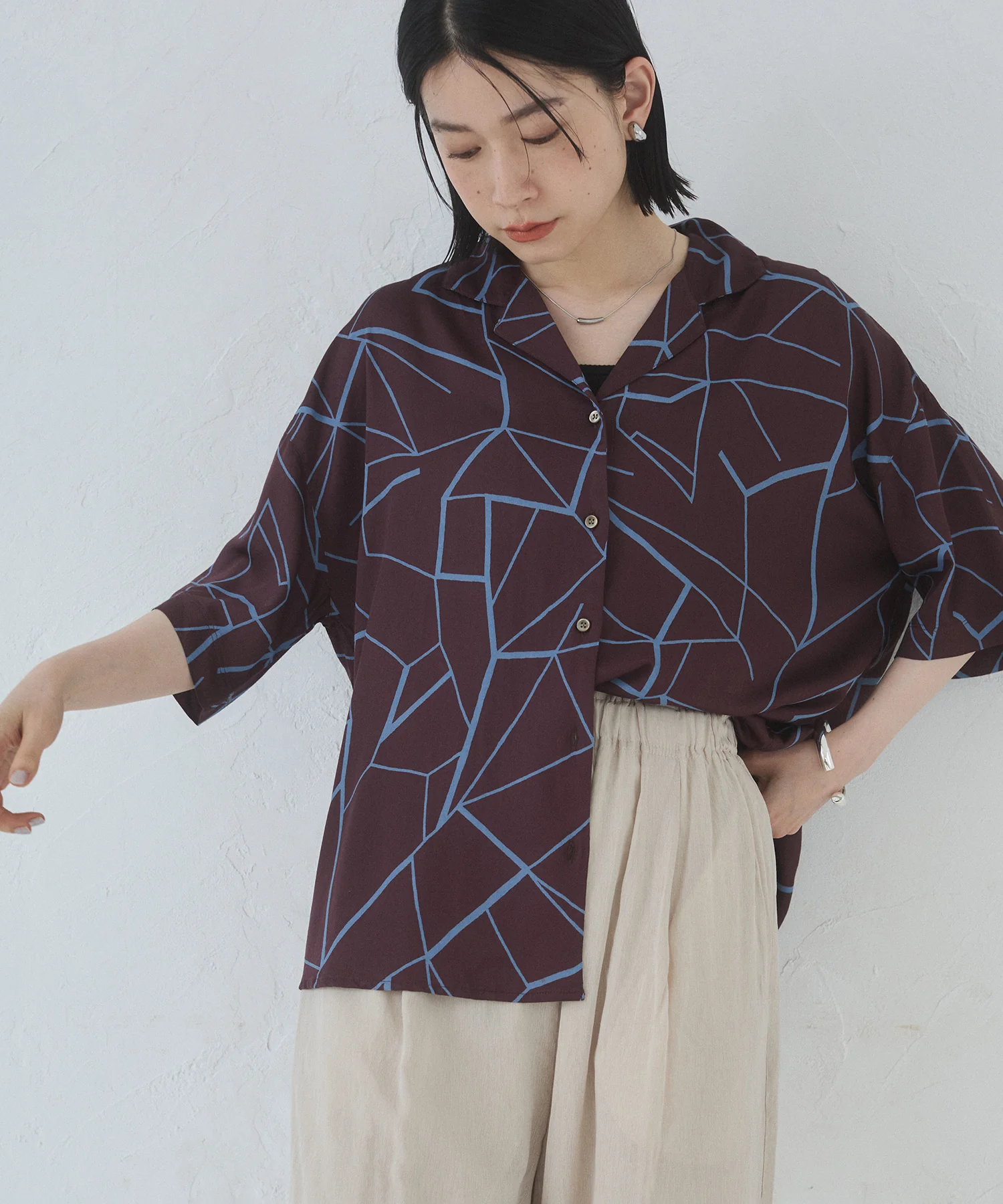 ビスコースサテン プリント開襟シャツ