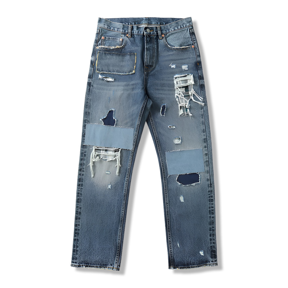 DIYクラフトダメージパッチワーク　ヘビーオンスセルビッジデニムパンツ