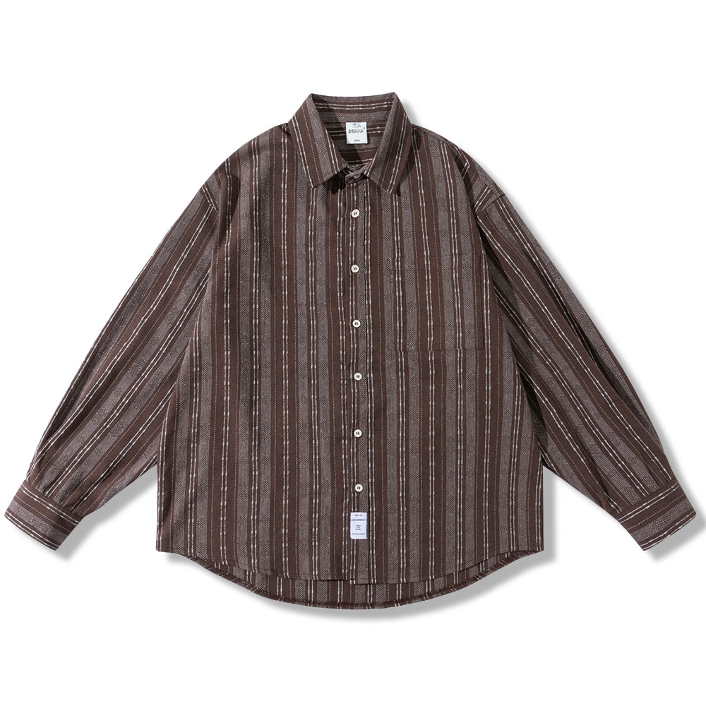 先染め配色ストライプ柄　和風コットンリネン長袖シャツ
