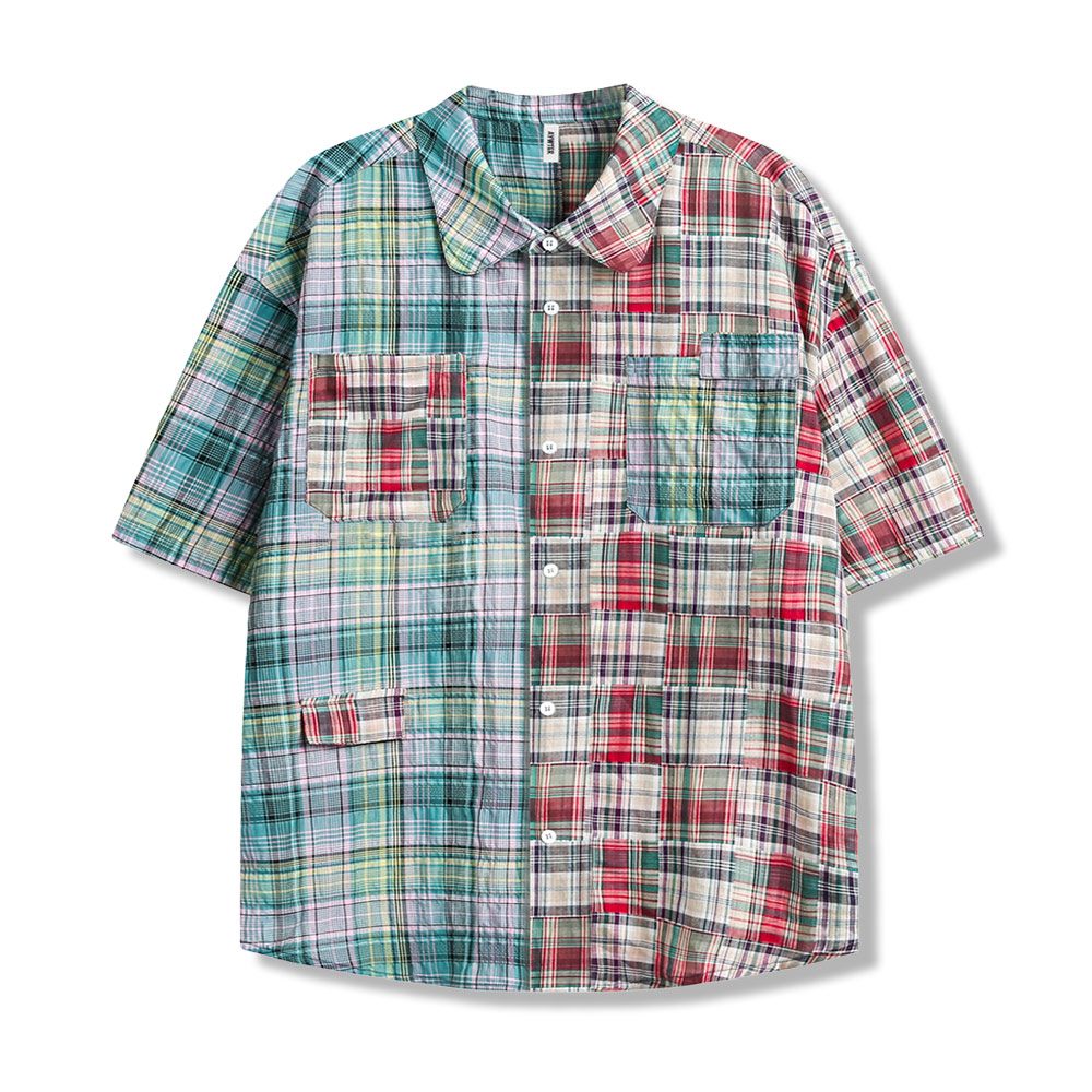 アメカジパッチワーク風シャツ半袖