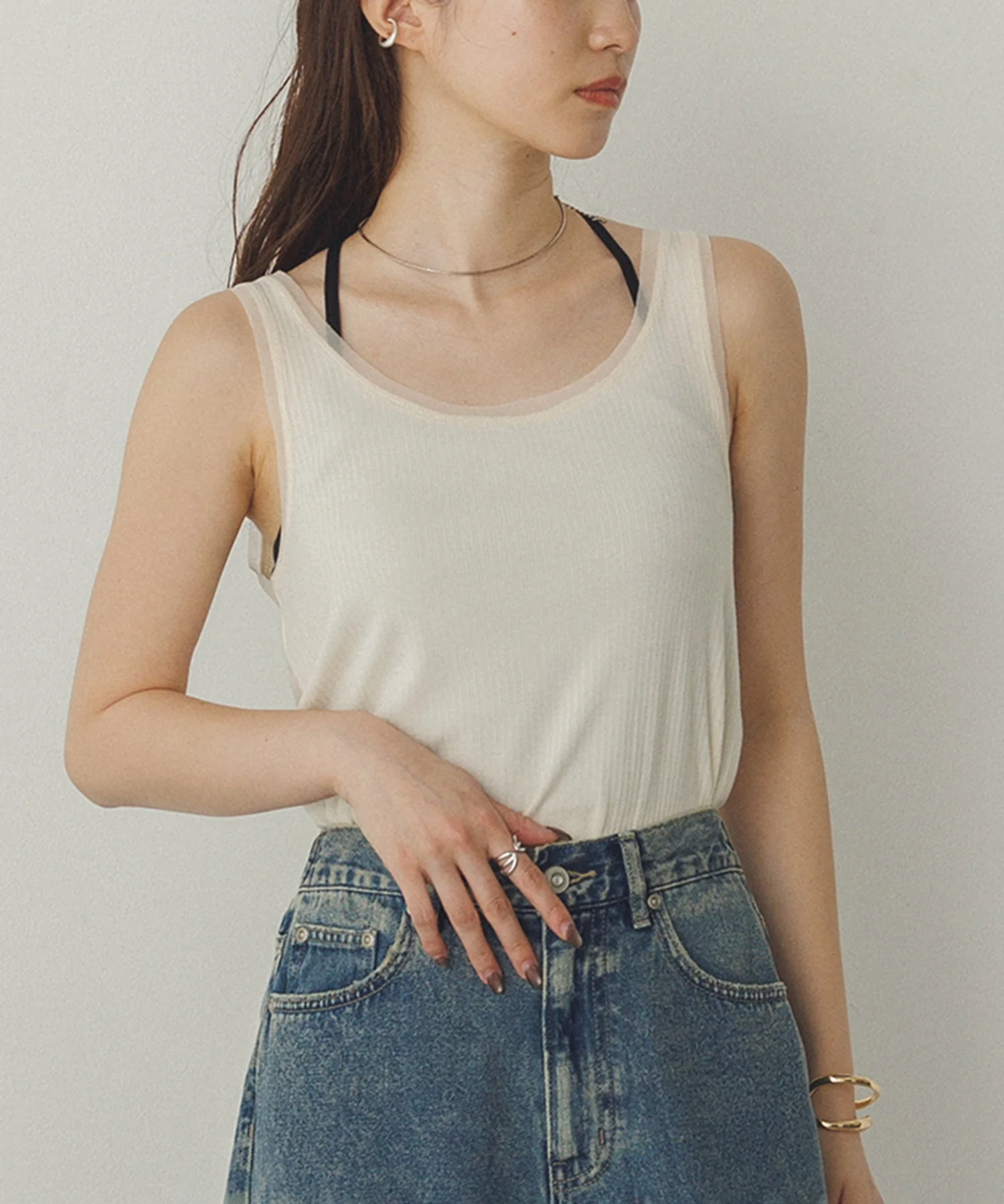 前後2WAY リブチュールタンクトップ
