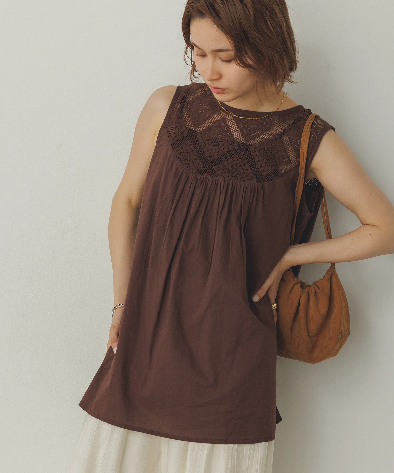 レース切替 ノースリーブブラウス