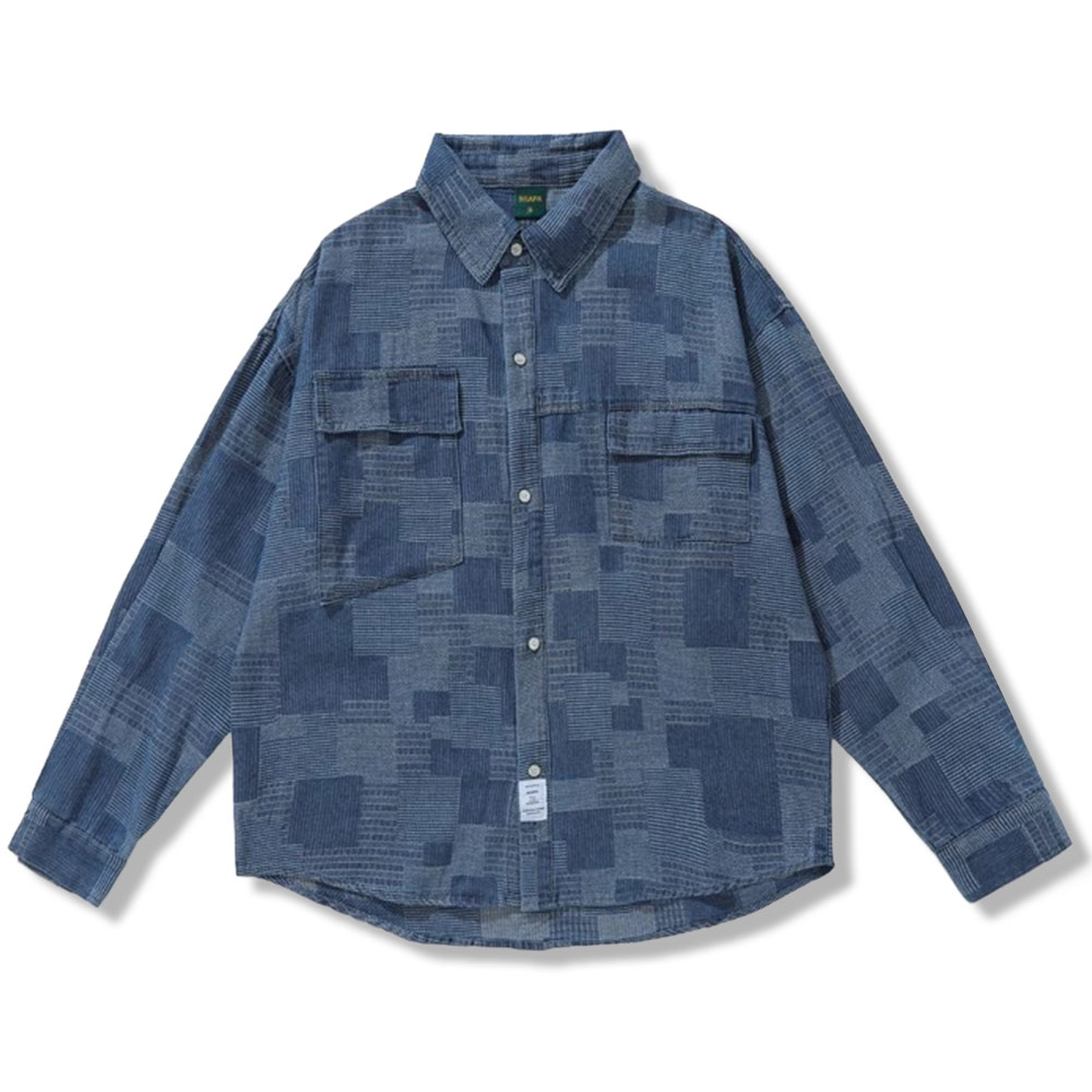 藍染めパッチワーク長袖デニムシャツ