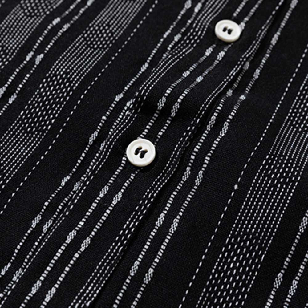 先染め配色ストライプ柄　和風コットンリネン長袖シャツ