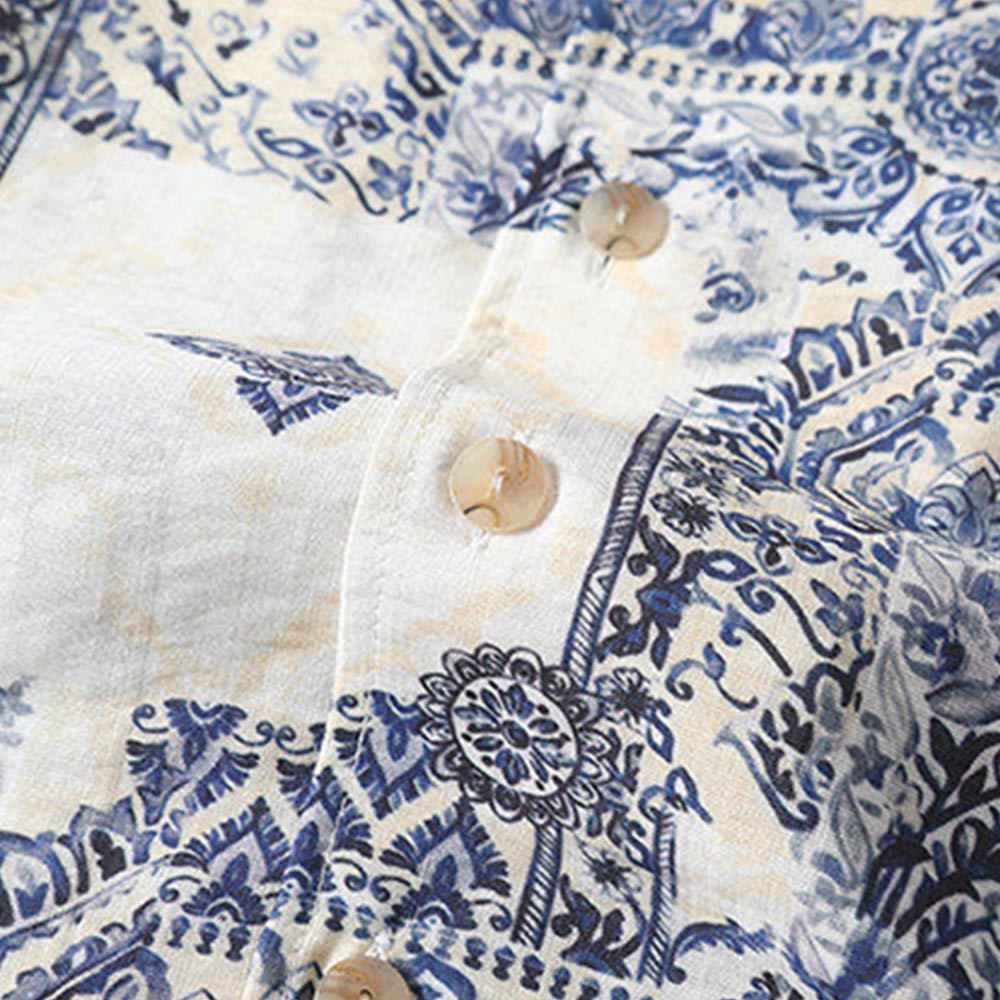 青花磁器ブルートーンプリントリネン風開襟シャツ