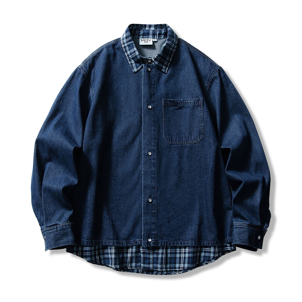 チェック切り替え折り襟デニムシャツ