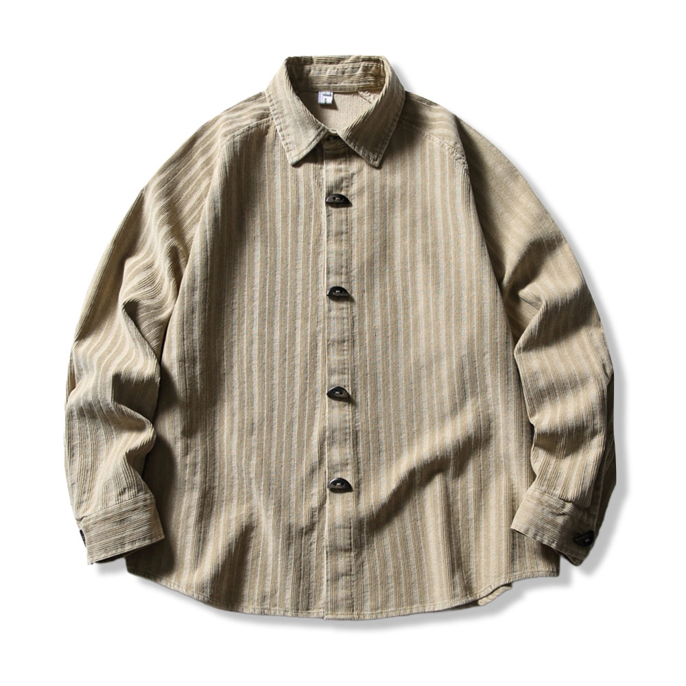 ダッフルコート風　トグルボタン付きコーデュロイストライプシャツ長袖