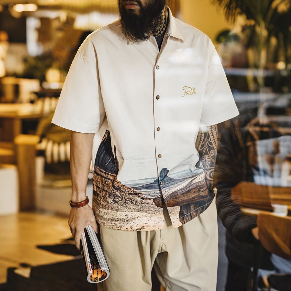 「モニュメントバレー・ライダー」軽量チェーンステッチ刺繍折り襟シャツ