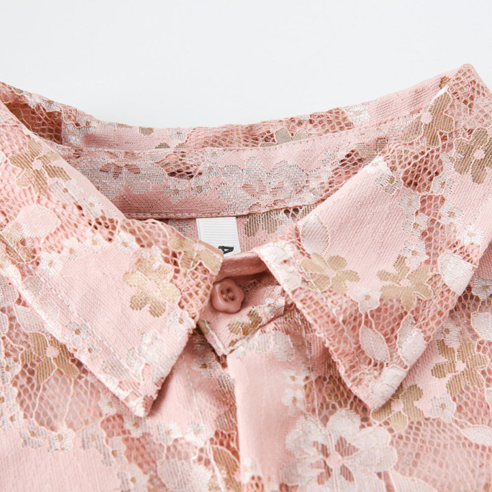 桜柄透かし彫りレース半袖シャツ